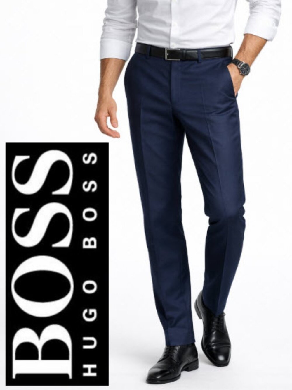 Hugo Boss 100% Wool Navy Dress Pants Slim Flat Front Tailored Size 34R
